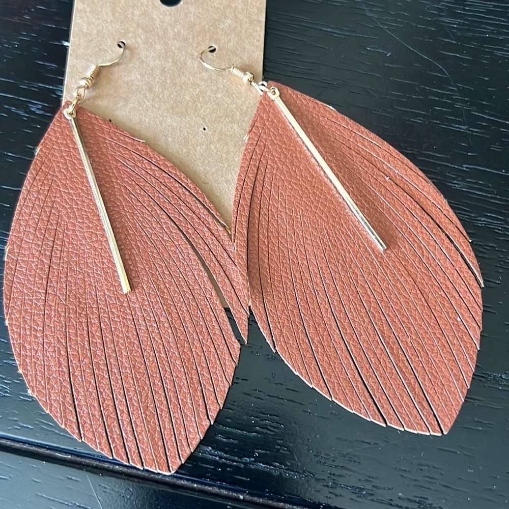 Brown Faux Leather Feather earrings-NWT